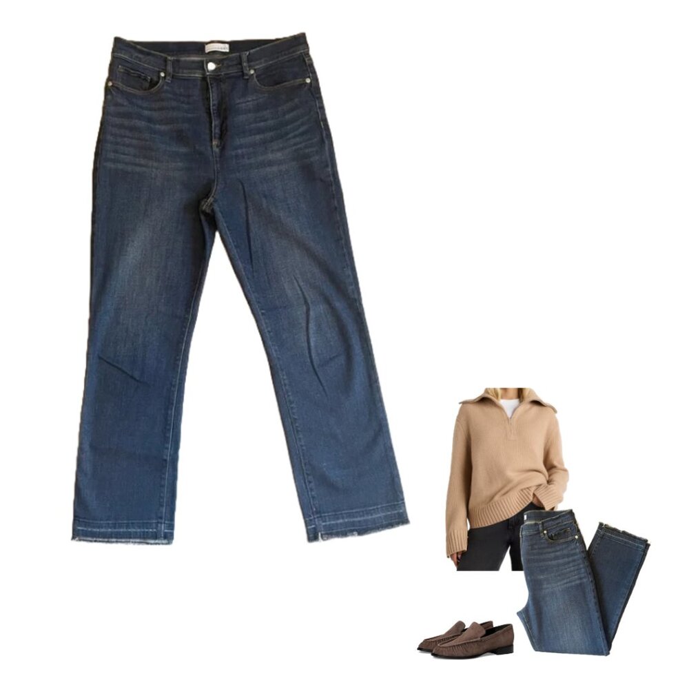 LOFT Modern Cut Straight Crop High Rise Dark Wash Let Down Hem Jeans Size 10